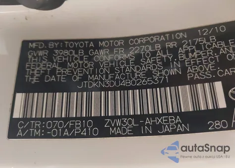 2011 Toyota Prius Three z USA, uszkodzony, nr VIN JTDKN3DU4B0265371